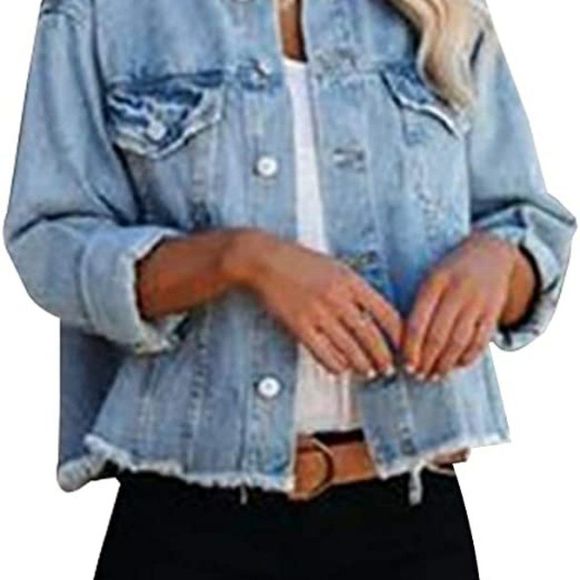 LONGBIDA Jackets & Blazers - LONGBIDA Women's Jean Jacket Frayed Washed Button Up Cropped Denim Jacket